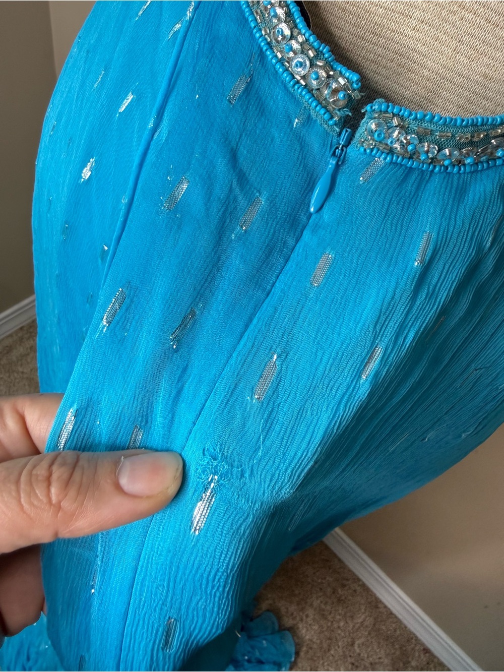 Sherri Hill 52643 Aqua Blue Metallic Chiffon Corset Ruffle Gown Size 12 - Picture 8 of 11